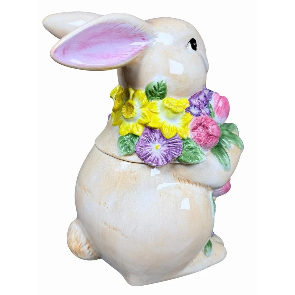 Harry & David Easter Bunny Cookie Jar Floral Rabbit Ceramic Canister Spring